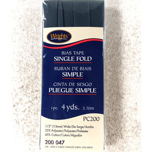 Wrights Wide Single Fold Bias Tape #200 047 4yds, .5in W Dark Grey NEW